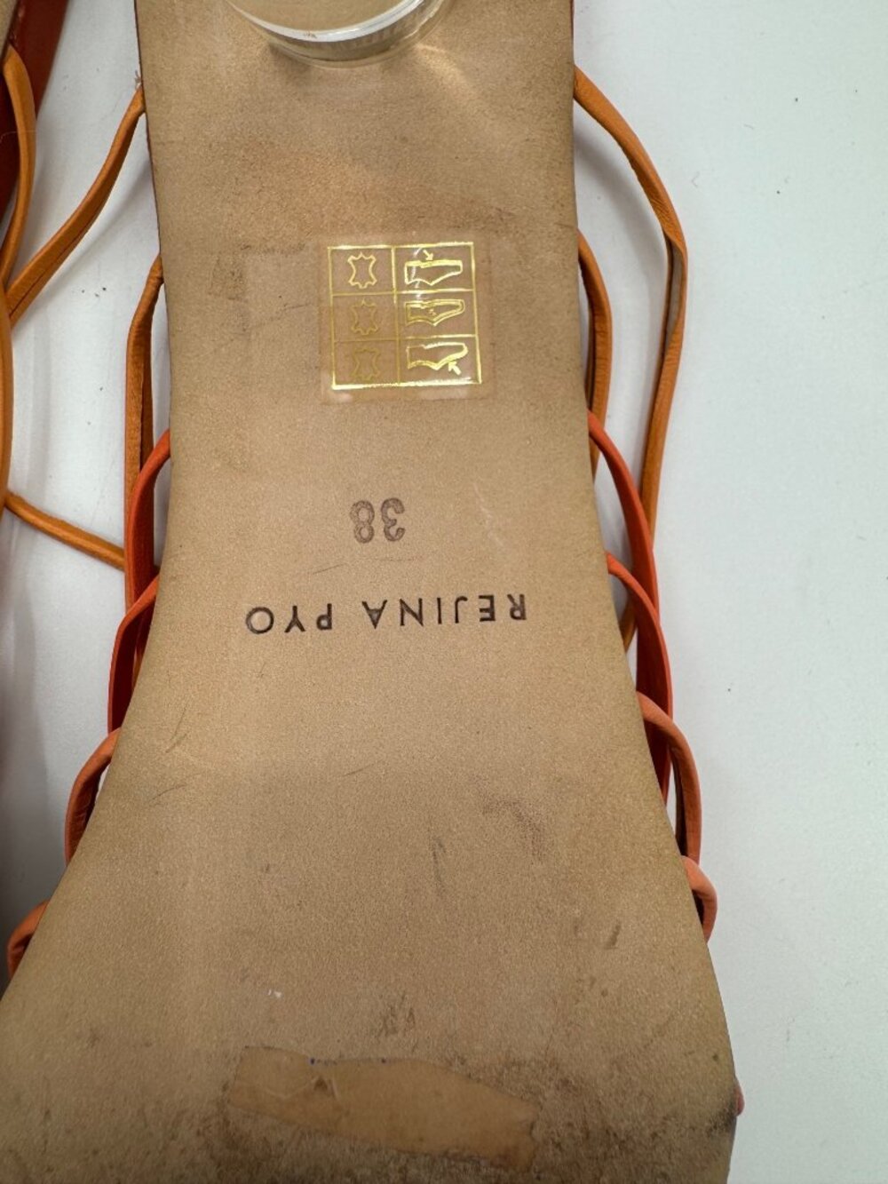 Rejina Pyo Orange Leather Strappy Mule Sandals Clear Lucite Block Heels Size 8 / - Picture 3 of 16